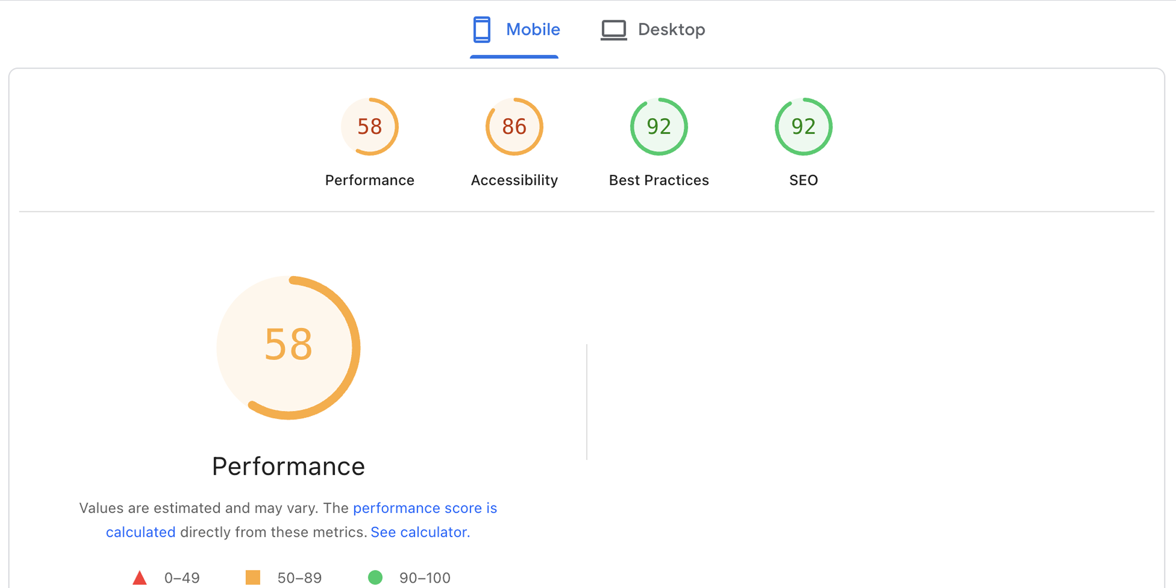Website performance comparison showing page speed and mobile optimization